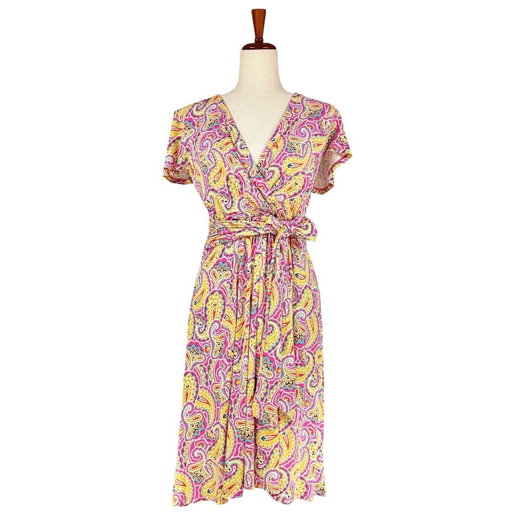 BODEN Evangeline Paisley Jersey Faux-Wrap Tie Dress In Party Pink/Yellow Size 8